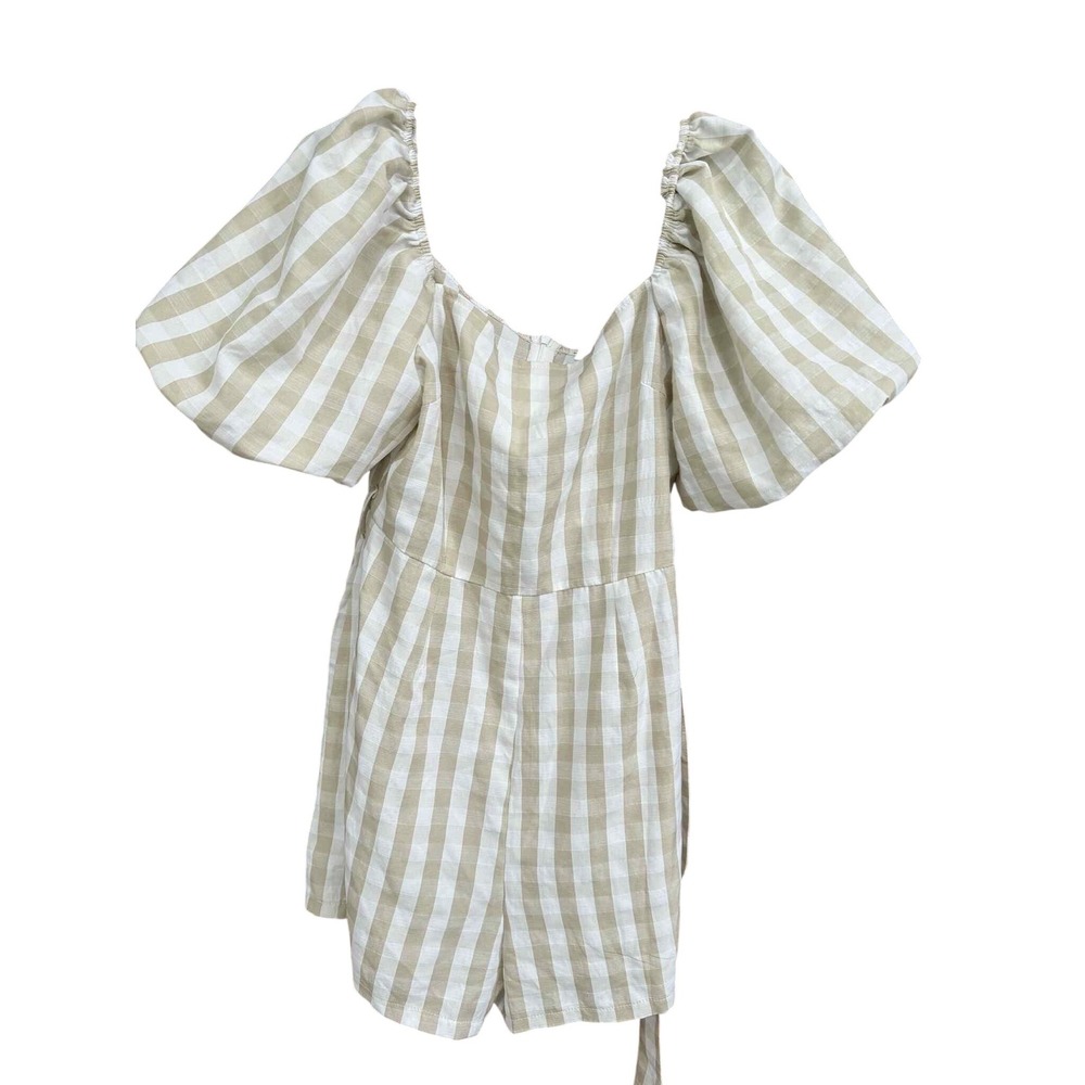 Missguided Striped Romper Puff Sleeve Tie Waist Casual Cute Size US 8